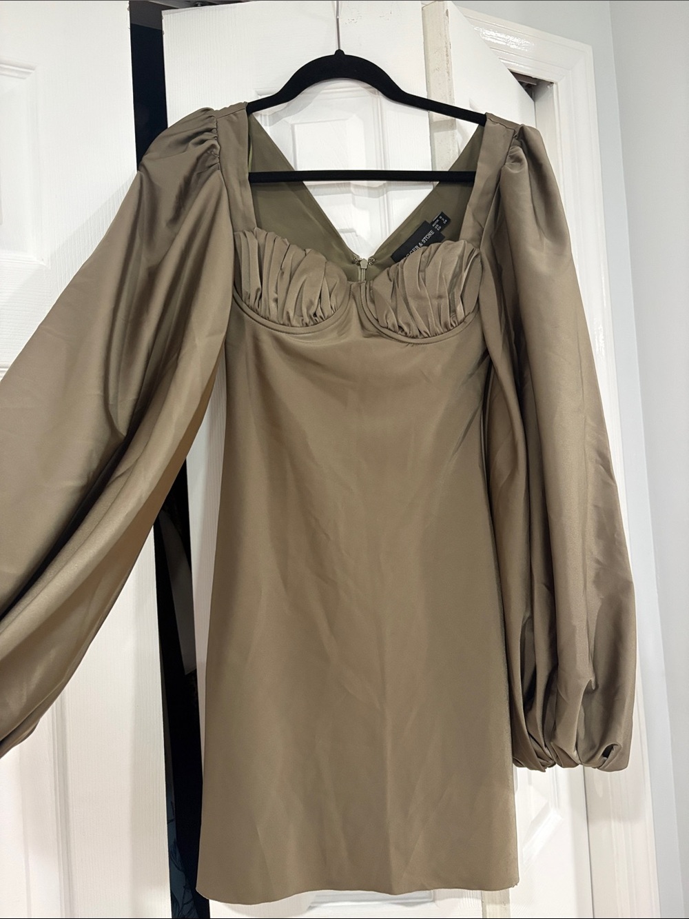 Olive Long-Sleeve Puff Mini Dress with Sweetheart Bodice